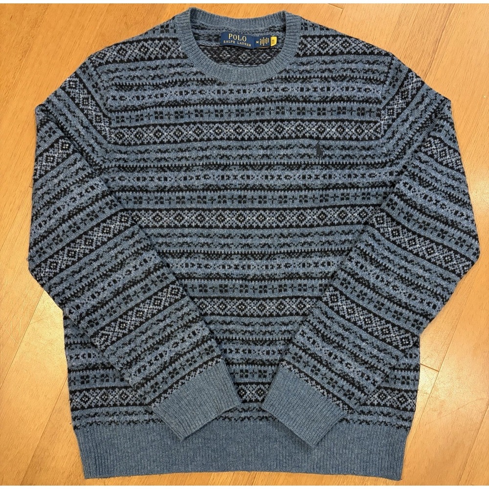 Polo Ralph Lauren Fair Isle Sweater Mens Medium Blue 100% Merino Wool Pullover